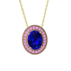 Lab safir ve pembe kuvars 14 ayar rose altın kolye (40 cm altın rolo zincir)
