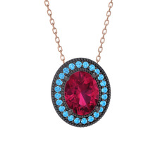 Rodolit garnet ve akuamarin 925 ayar siyah rodyum kaplama gümüş kolye (40 cm rose altın rolo zincir)