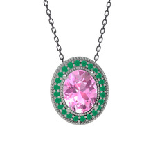 Esinti Oval Kolye - Pembe kuvars ve kök zümrüt 18 ayar beyaz altın kolye (40 cm gümüş rolo zincir) #1u9r0gv