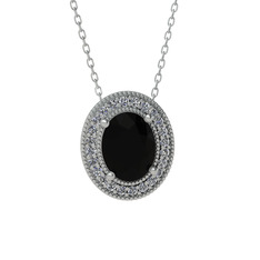 Esinti Oval Kolye - Siyah zirkon ve beyaz zirkon 8 ayar beyaz altın kolye (40 cm beyaz altın rolo zincir) #1ujq60k