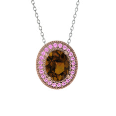 Dumanlı kuvars ve pembe kuvars 14 ayar rose altın kolye (40 cm beyaz altın rolo zincir)