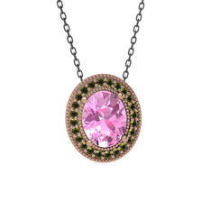 Esinti Oval Kolye - Pembe kuvars ve peridot 18 ayar rose altın kolye (40 cm gümüş rolo zincir) #1vm61gi