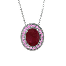 Kök yakut ve pembe kuvars 14 ayar beyaz altın kolye (40 cm beyaz altın rolo zincir)