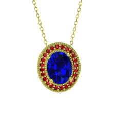 Lab safir ve garnet 925 ayar altın kaplama gümüş kolye (40 cm gümüş rolo zincir)