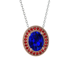 Lab safir ve garnet 925 ayar rose altın kaplama gümüş kolye (40 cm gümüş rolo zincir)