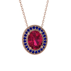 Esinti Oval Kolye - Rodolit garnet ve lab safir 14 ayar rose altın kolye (40 cm rose altın rolo zincir) #1wknvt7