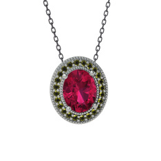 Esinti Oval Kolye - Rodolit garnet ve peridot 18 ayar beyaz altın kolye (40 cm gümüş rolo zincir) #1wxamxx