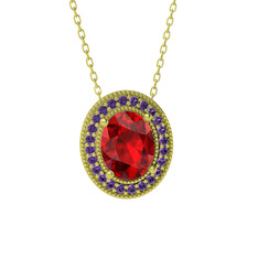 Esinti Oval Kolye - Garnet ve ametist 8 ayar altın kolye (40 cm altın rolo zincir) #1xha5it