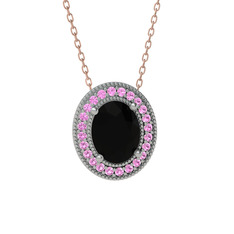 Esinti Oval Kolye - Siyah zirkon ve pembe kuvars 14 ayar beyaz altın kolye (40 cm rose altın rolo zincir) #1xhn3ol