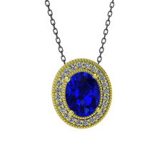 Esinti Oval Kolye - Lab safir ve swarovski 14 ayar altın kolye (40 cm gümüş rolo zincir) #1xl7z11