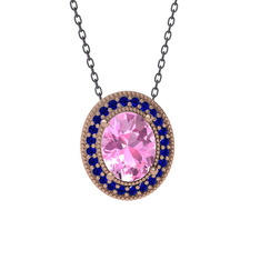 Esinti Oval Kolye - Pembe kuvars ve lab safir 8 ayar rose altın kolye (40 cm gümüş rolo zincir) #1xstu39