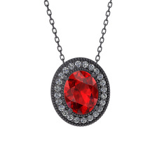 Esinti Oval Kolye - Garnet ve beyaz zirkon 925 ayar siyah rodyum kaplama gümüş kolye (40 cm gümüş rolo zincir) #1yfk78h