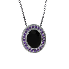 Esinti Oval Kolye - Siyah zirkon ve ametist 18 ayar beyaz altın kolye (40 cm gümüş rolo zincir) #1yfornm