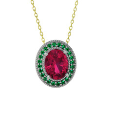 Esinti Oval Kolye - Rodolit garnet ve yeşil kuvars 14 ayar beyaz altın kolye (40 cm altın rolo zincir) #1yicnxm