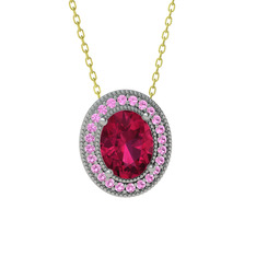Esinti Oval Kolye - Rodolit garnet ve pembe kuvars 925 ayar gümüş kolye (40 cm altın rolo zincir) #1ystjn2