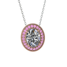 Beyaz zirkon ve pembe kuvars 14 ayar rose altın kolye (40 cm beyaz altın rolo zincir)