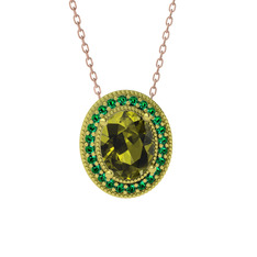 Peridot ve yeşil kuvars 18 ayar altın kolye (40 cm rose altın rolo zincir)