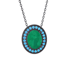 Esinti Oval Kolye - Kök zümrüt ve akuamarin 925 ayar siyah rodyum kaplama gümüş kolye (40 cm gümüş rolo zincir) #2er3cy