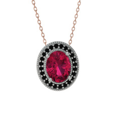 Esinti Oval Kolye - Rodolit garnet ve siyah zirkon 14 ayar beyaz altın kolye (40 cm rose altın rolo zincir) #2wdp52