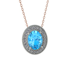 Esinti Oval Kolye - Akuamarin ve pırlanta 925 ayar gümüş kolye (0.264 karat, 40 cm rose altın rolo zincir) #30vxc2