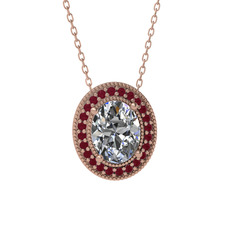 Esinti Oval Kolye - Beyaz zirkon ve kök yakut 14 ayar rose altın kolye (40 cm rose altın rolo zincir) #33j2w6