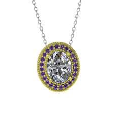 Esinti Oval Kolye - Swarovski ve ametist 14 ayar altın kolye (40 cm beyaz altın rolo zincir) #4b9b40