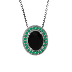 Esinti Oval Kolye - Siyah zirkon ve kök zümrüt 18 ayar beyaz altın kolye (40 cm gümüş rolo zincir) #4bbzsq