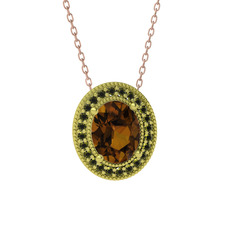 Esinti Oval Kolye - Dumanlı kuvars ve peridot 8 ayar altın kolye (40 cm rose altın rolo zincir) #4fmycn