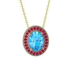 Esinti Oval Kolye - Akuamarin ve rodolit garnet 8 ayar rose altın kolye (40 cm altın rolo zincir) #4kztc3