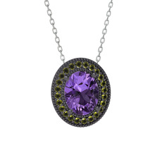 Esinti Oval Kolye - Ametist ve peridot 925 ayar siyah rodyum kaplama gümüş kolye (40 cm gümüş rolo zincir) #4qy5kw