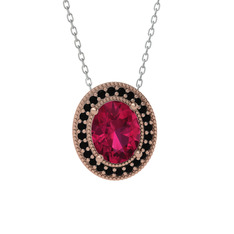 Esinti Oval Kolye - Rodolit garnet ve siyah zirkon 14 ayar rose altın kolye (40 cm gümüş rolo zincir) #4w0by8