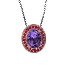 Esinti Oval Kolye - Ametist ve rodolit garnet 8 ayar rose altın kolye (40 cm gümüş rolo zincir) #5byd94