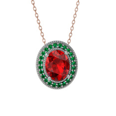 Garnet ve yeşil kuvars 8 ayar beyaz altın kolye (40 cm rose altın rolo zincir)