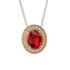 Garnet ve pembe kuvars 925 ayar altın kaplama gümüş kolye (40 cm rose altın rolo zincir)