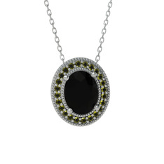 Siyah zirkon ve peridot 8 ayar beyaz altın kolye (40 cm beyaz altın rolo zincir)