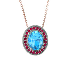 Esinti Oval Kolye - Akuamarin ve rodolit garnet 14 ayar beyaz altın kolye (40 cm rose altın rolo zincir) #6t3rh7