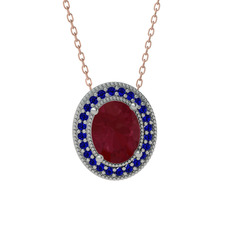 Esinti Oval Kolye - Kök yakut ve lab safir 8 ayar beyaz altın kolye (40 cm rose altın rolo zincir) #6xniq2