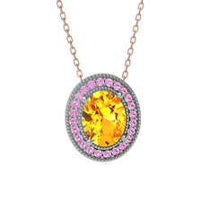 Esinti Oval Kolye - Sitrin ve pembe kuvars 14 ayar beyaz altın kolye (40 cm rose altın rolo zincir) #701yh3