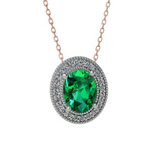 Esinti Oval Kolye - Yeşil kuvars ve beyaz zirkon 14 ayar beyaz altın kolye (40 cm rose altın rolo zincir) #76ycml