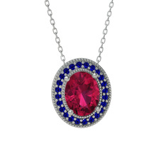 Esinti Oval Kolye - Rodolit garnet ve lab safir 8 ayar beyaz altın kolye (40 cm beyaz altın rolo zincir) #82fsrd