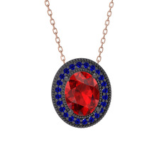 Esinti Oval Kolye - Garnet ve lab safir 925 ayar siyah rodyum kaplama gümüş kolye (40 cm rose altın rolo zincir) #8d1umr