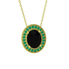 Esinti Oval Kolye - Siyah zirkon ve kök zümrüt 18 ayar altın kolye (40 cm altın rolo zincir) #8zm1yx