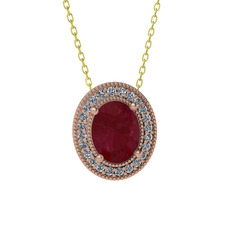 Esinti Oval Kolye - Kök yakut ve beyaz zirkon 14 ayar rose altın kolye (40 cm altın rolo zincir) #91s34u
