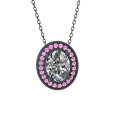 Esinti Oval Kolye - Beyaz zirkon ve pembe kuvars 925 ayar siyah rodyum kaplama gümüş kolye (40 cm gümüş rolo zincir) #95d1jh
