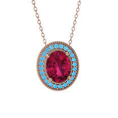 Rodolit garnet ve akuamarin 18 ayar rose altın kolye (40 cm rose altın rolo zincir)