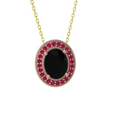 Esinti Oval Kolye - Siyah zirkon ve rodolit garnet 14 ayar rose altın kolye (40 cm altın rolo zincir) #9m3ufi