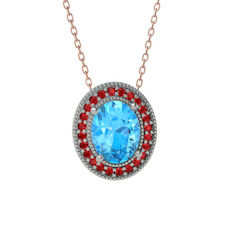 Akuamarin ve garnet 8 ayar beyaz altın kolye (40 cm rose altın rolo zincir)