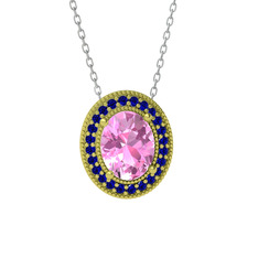 Esinti Oval Kolye - Pembe kuvars ve lab safir 14 ayar altın kolye (40 cm beyaz altın rolo zincir) #9nyf4j