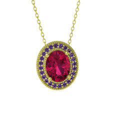 Esinti Oval Kolye - Rodolit garnet ve ametist 8 ayar altın kolye (40 cm gümüş rolo zincir) #9tqtud