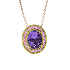 Esinti Oval Kolye - Ametist ve pembe kuvars 925 ayar altın kaplama gümüş kolye (40 cm rose altın rolo zincir) #a61fsh